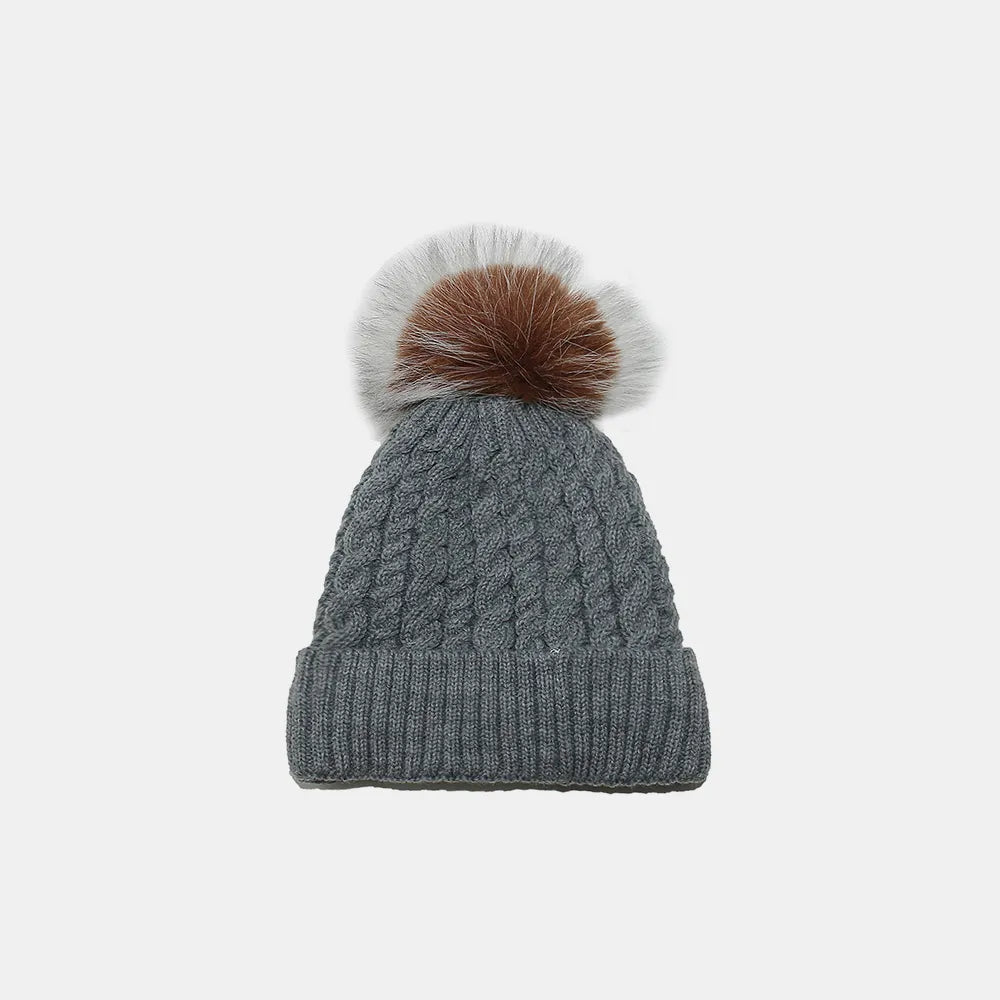 Cable Knit Winter Hat with Pompom Dark Gray One Size - Fashorio