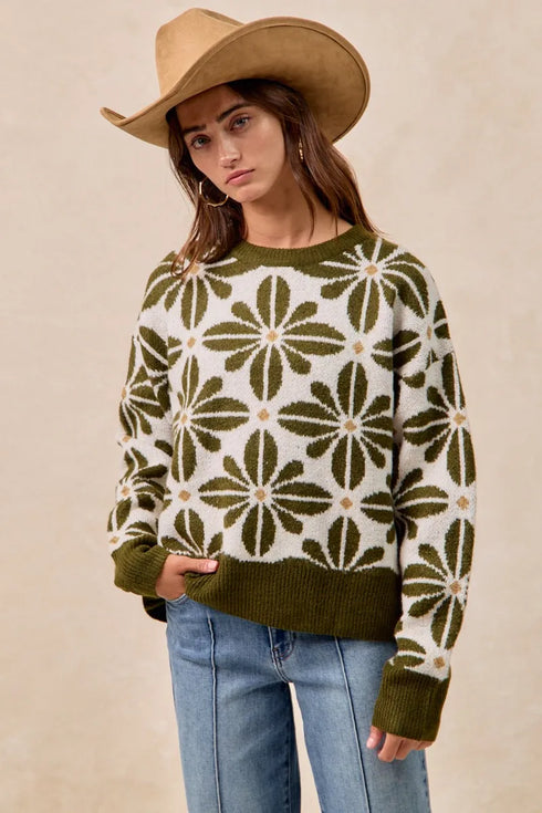BiBi Flower Pattern Long Sleeve Sweater - Fashorio