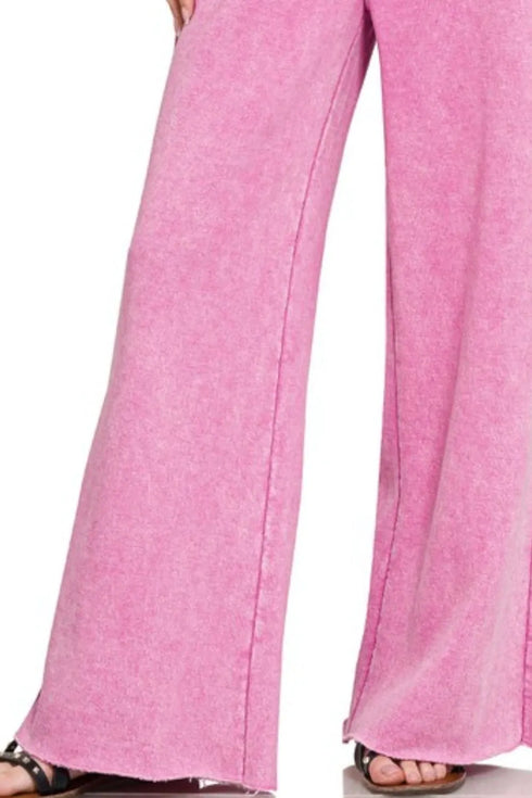 Zenana Acid Wash Fleece Palazzo Sweatpants with Pockets - Fashorio