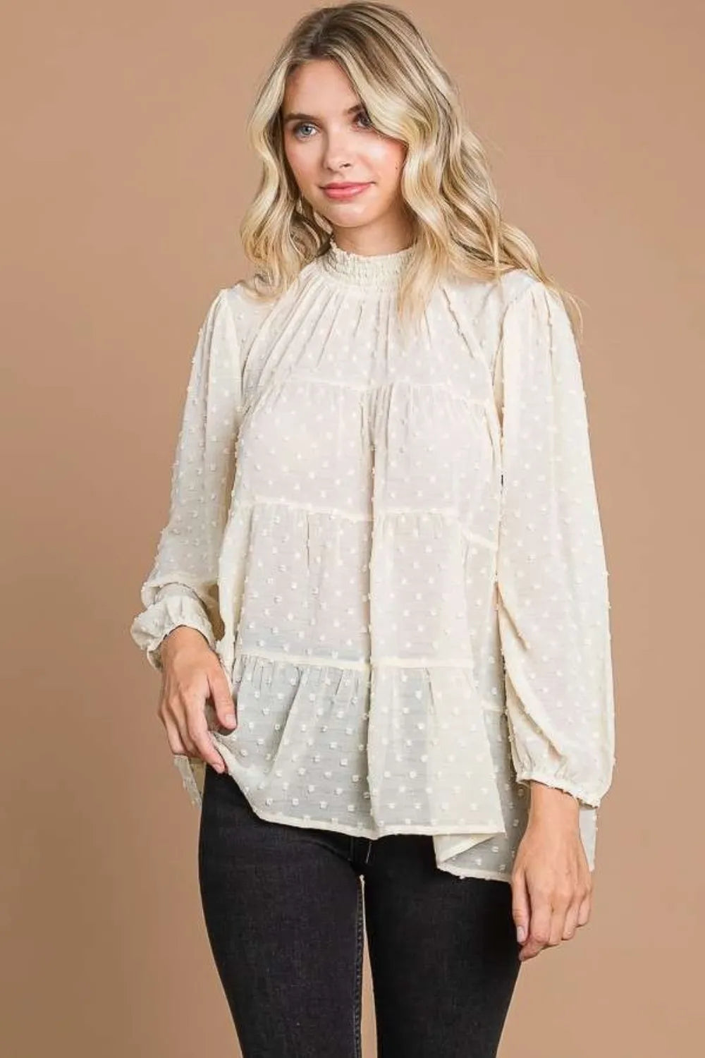 Culture Code Full Size Swiss Dot Smocked Mock Neck Blouse Plus Size IVORY CREAM - Fashorio