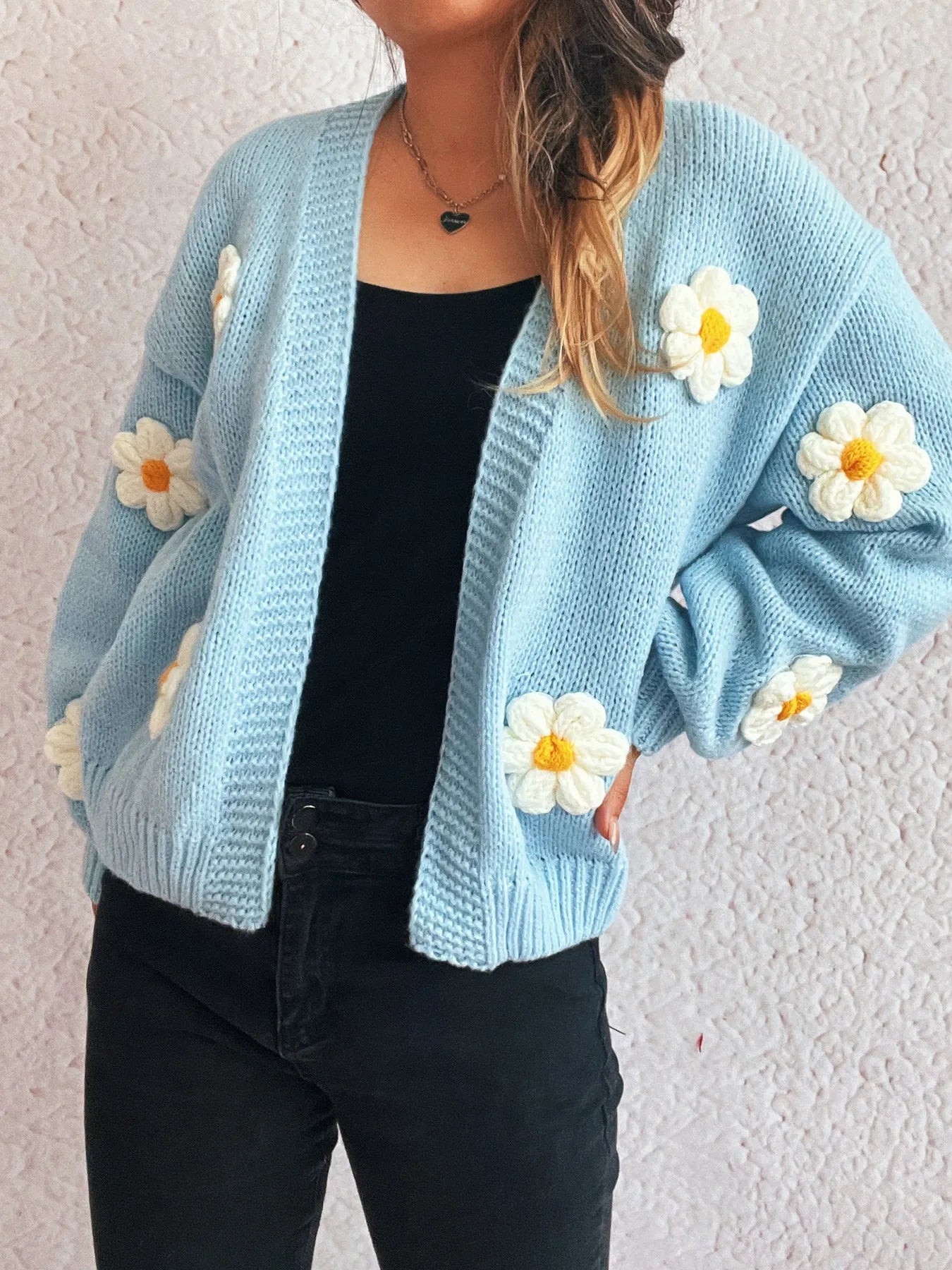 Flower Open Front Long Sleeve Cardigan - Fashorio