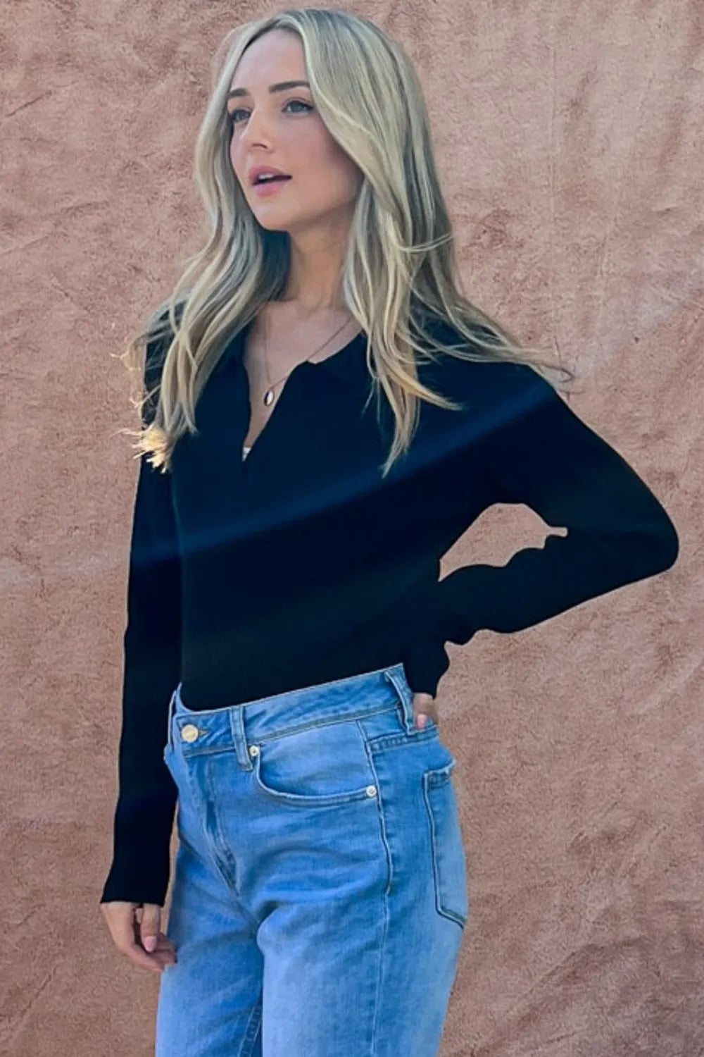 And The Why Full Size Johnny Collar Long Sleeve Ribbed Bodysuit - Fashorio