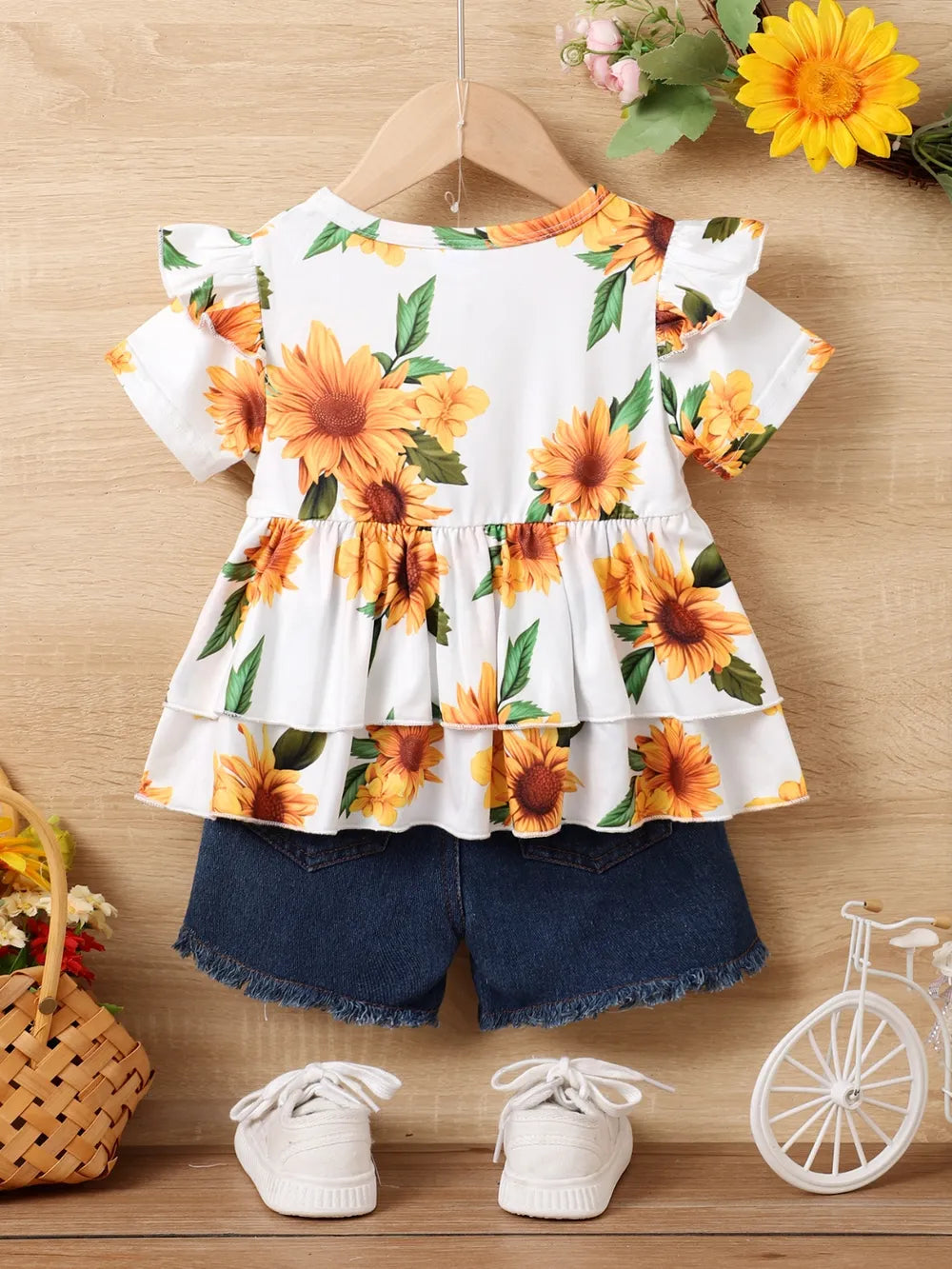 Children's Sunflower Ruffled Short Sleeve Top and Shorts Set - Fashorio