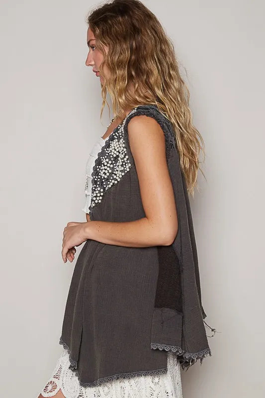 POL Embroidered Pearls Open Front Sleeveless Cardigan - Fashorio