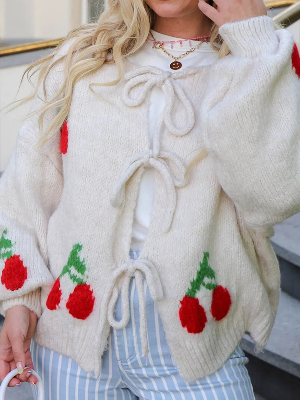 Tied Cherry Round Neck Long Sleeve Cardigan - Fashorio