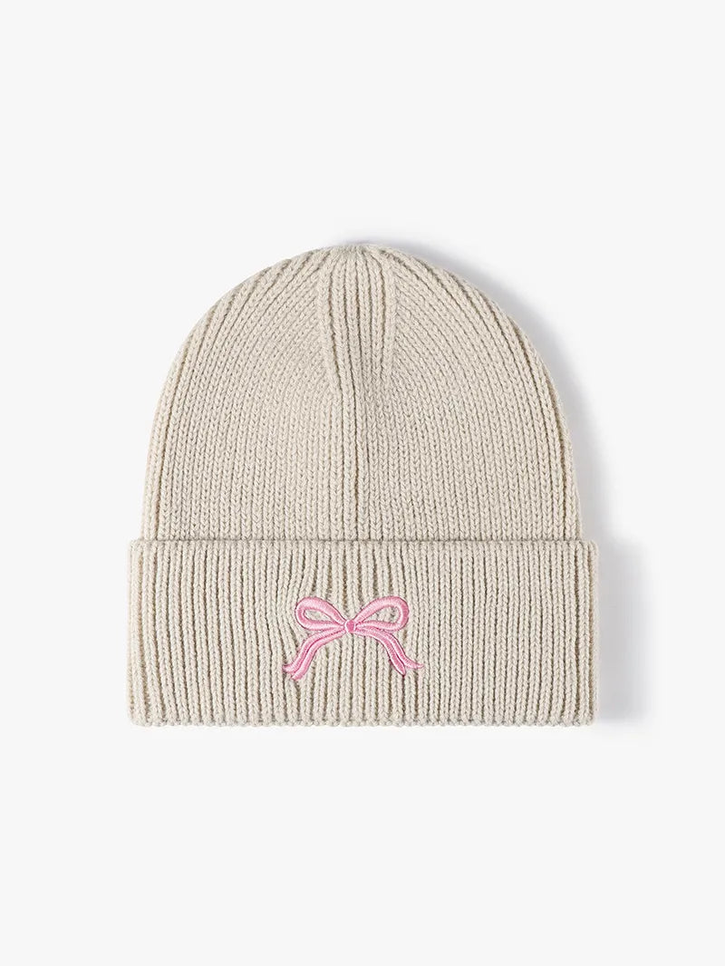 Embroidered Bow Knit Hat Beige One Size - Fashorio