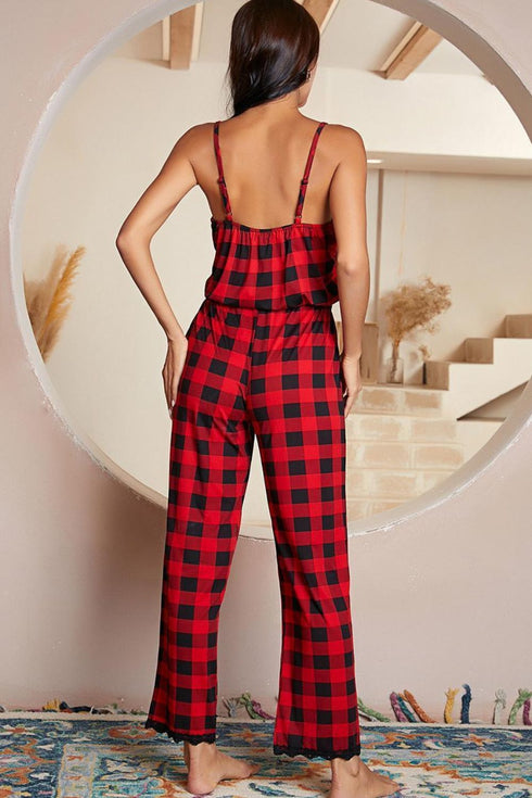 Plaid Lace Trim Spaghetti Strap Jumpsuit - Fashorio