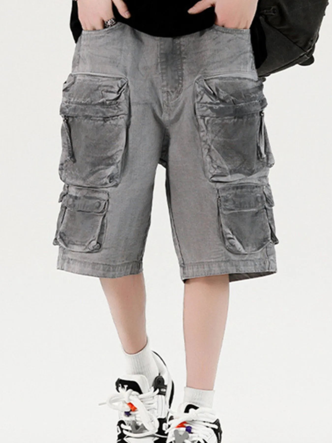 Men's Wide Leg Cargo Denim Shorts Dirty Gray - Fashorio