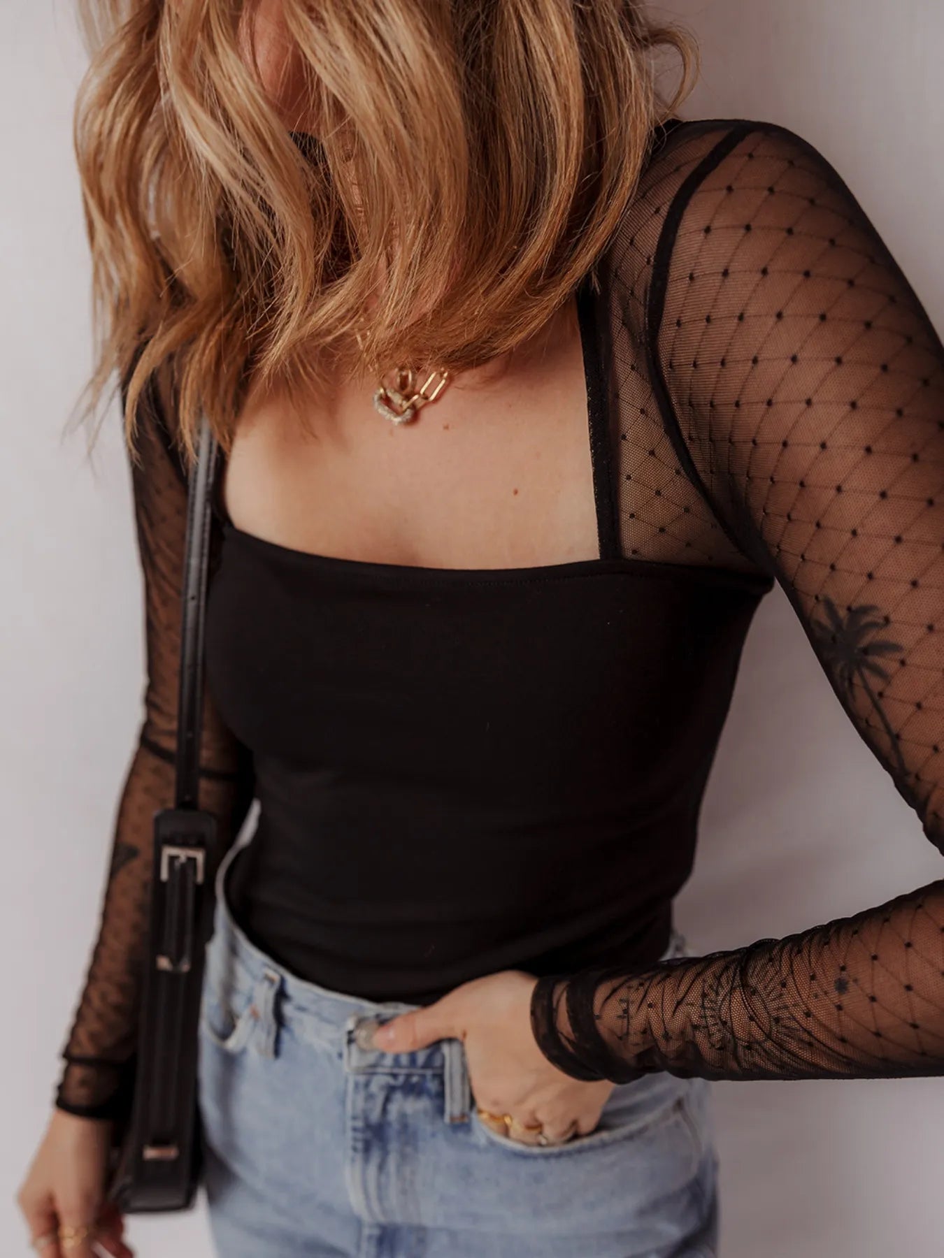 Mesh Sleeve Square Neck Bodysuit - Fashorio