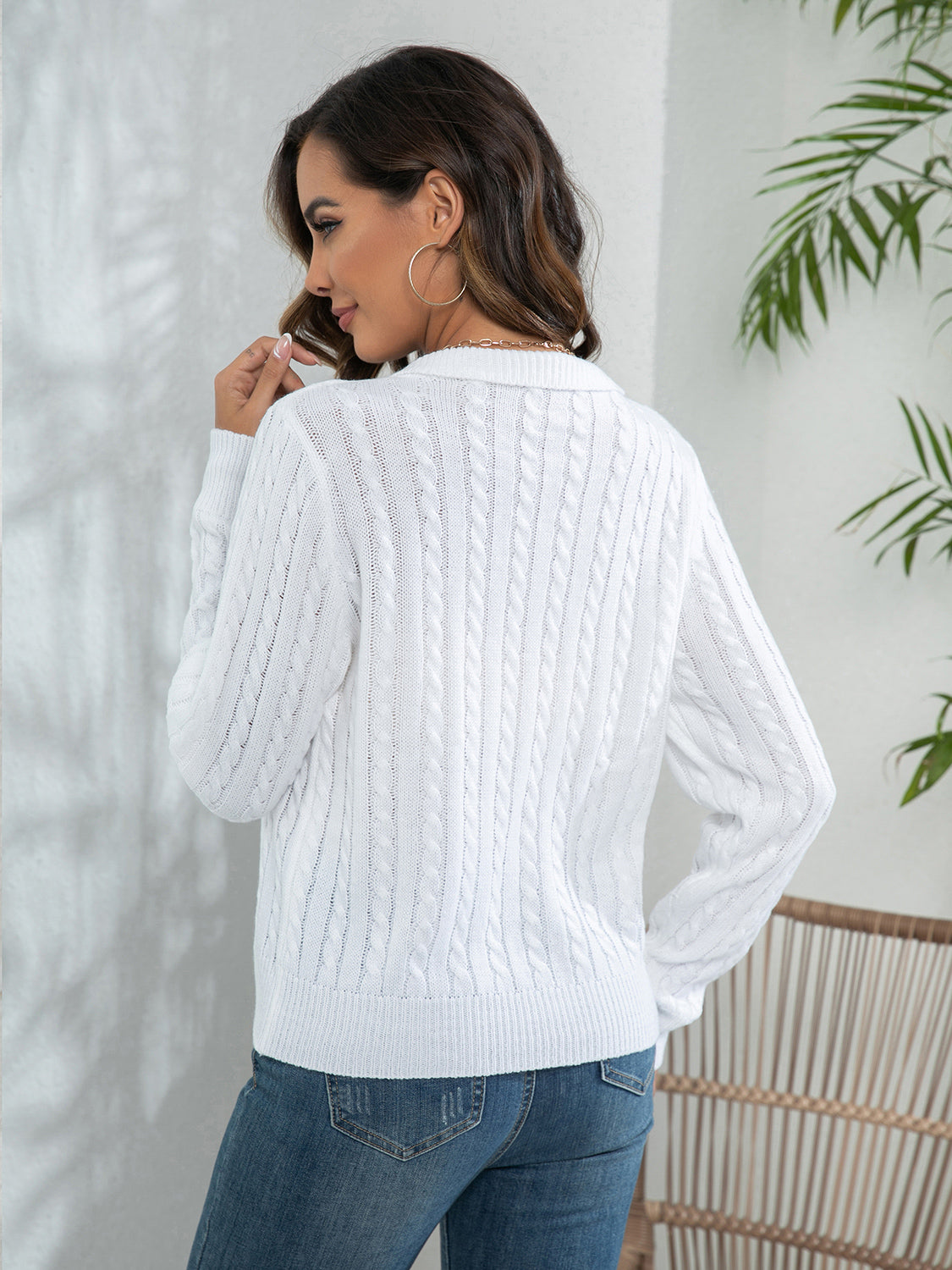 Johnny Collar Cable-Knit Long Sleeve Sweater - Fashorio