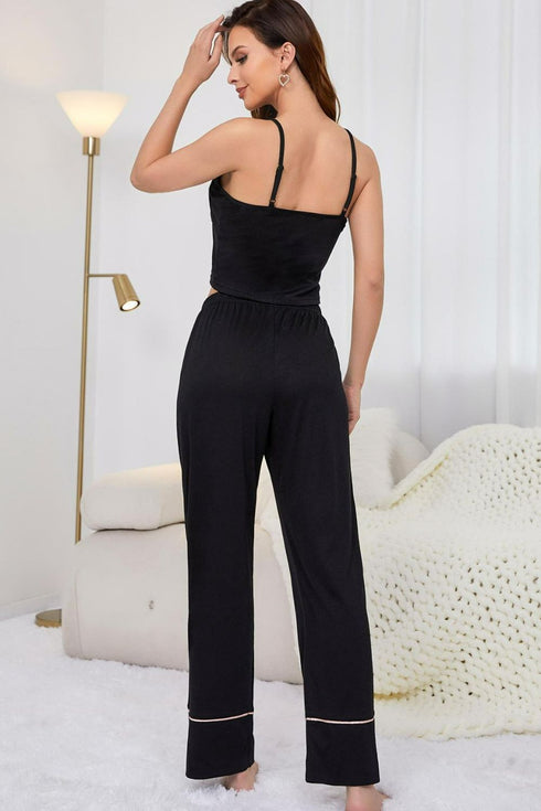 Contrast Trim Cropped Cami and Pants Loungewear Set - Fashorio