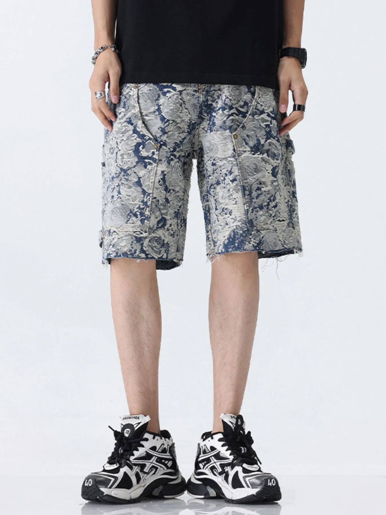 Men's Loose Fit Denim Shorts with Pockets Jacquard Basket - Fashorio