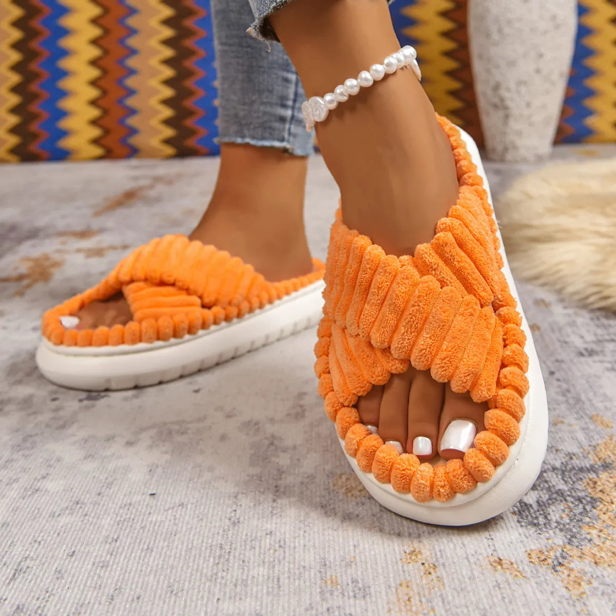 Crisscross Open Toe Platform Slippers Orange - Fashorio