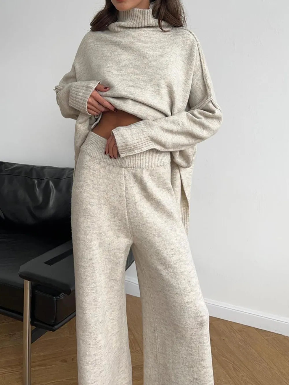 Slit Turtleneck Long Sleeve Top and Pants Sweater Set - Fashorio