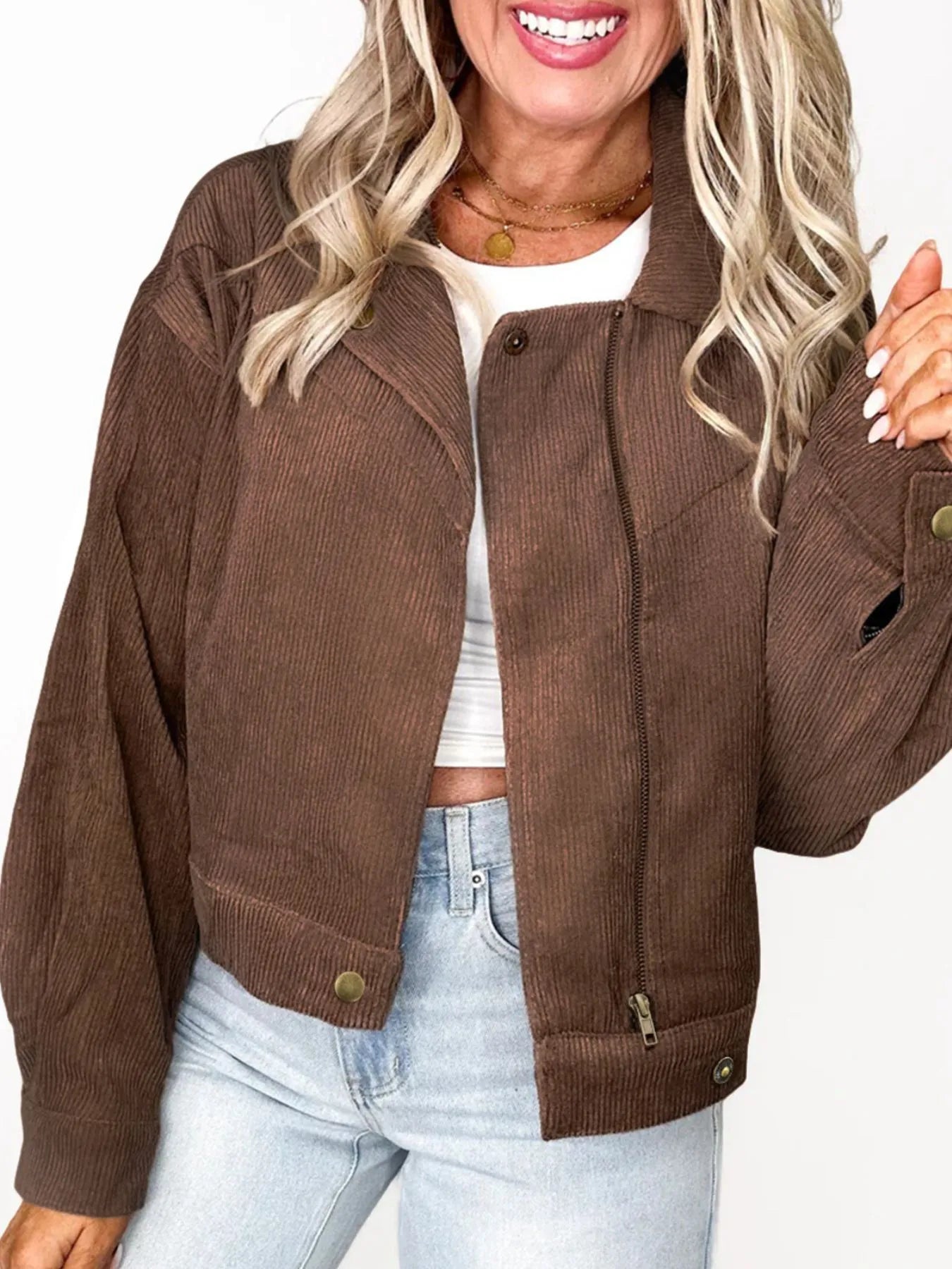 Corduroy Cropped Bomber Jacket - Fashorio