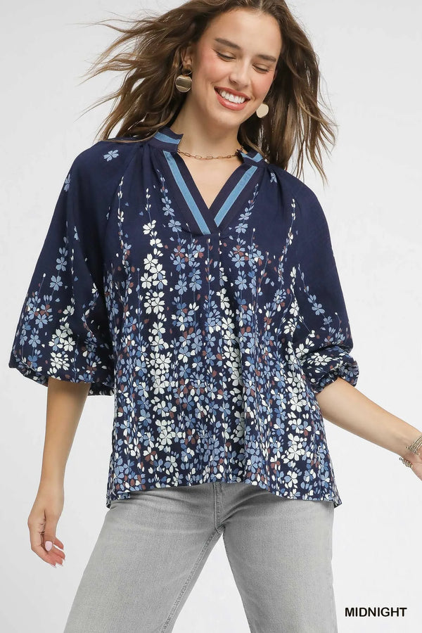 Umgee Full Size Floral Vine Print Blouse with Balloon Sleeves Plus Size MIDNIGHT - Fashorio