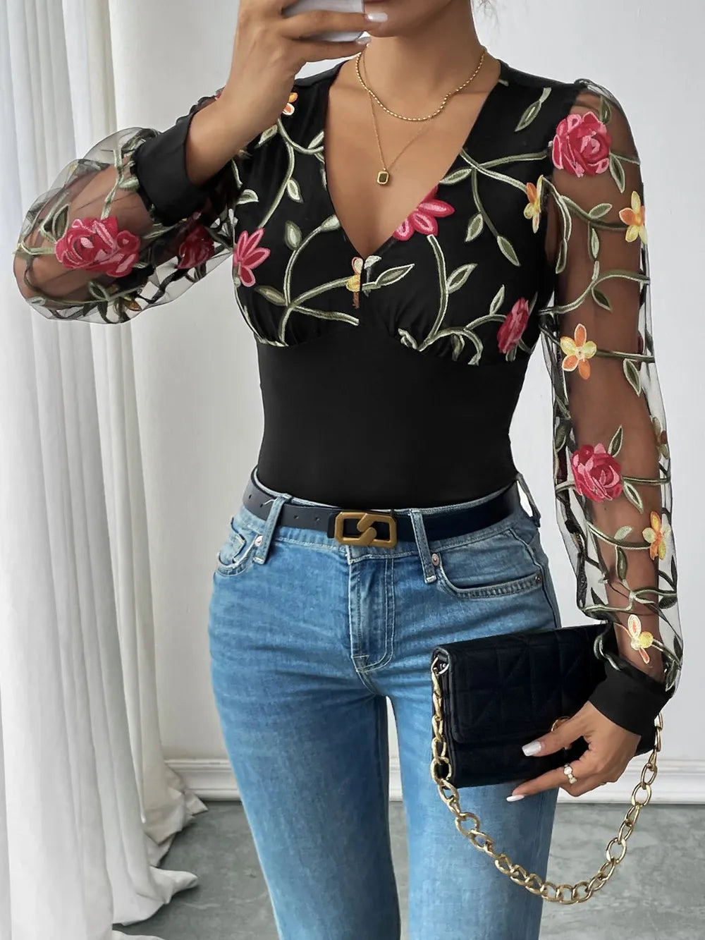 Perfee Embroidered V-Neck Long Sleeve Bodysuit - Fashorio