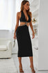 Rhinestone Halter Neck Cutout Slit Midi Dress - Fashorio