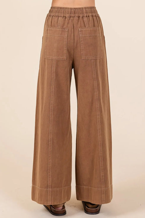 Mittoshop Mineral Wash Wide Leg Elastic Waist Twill Pants - Fashorio