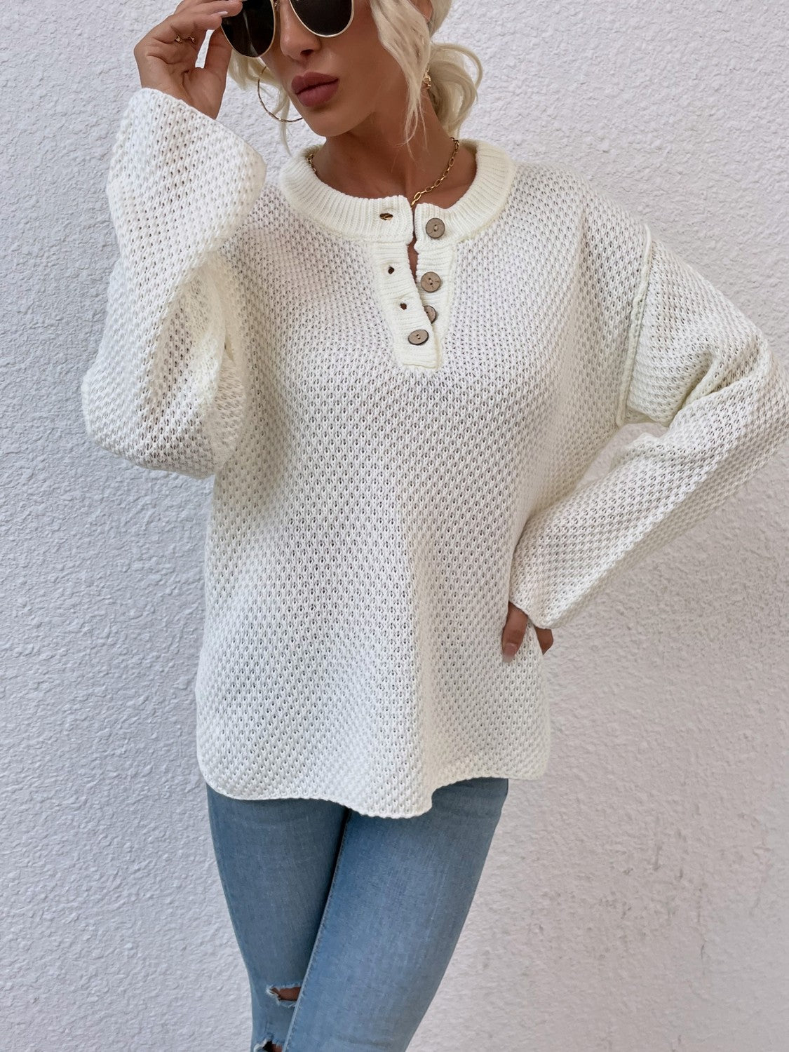 Quarter-Button Slit Sweater - Fashorio