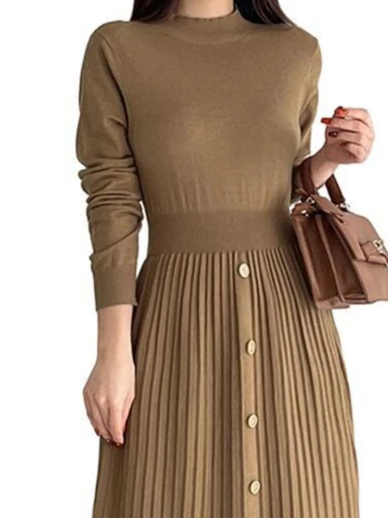Slit Front Mock Neck Long Sleeve Knit Dress - Fashorio