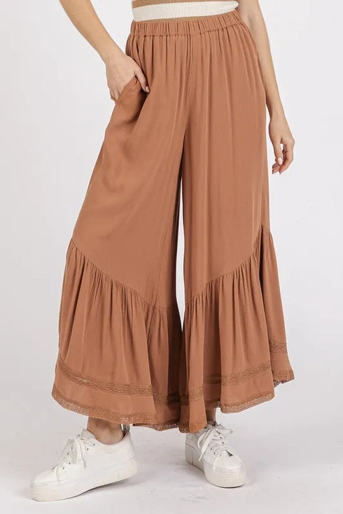 Mittoshop Lace Ruffle Asymmetric Hem Wide Leg Pants Caramel - Fashorio