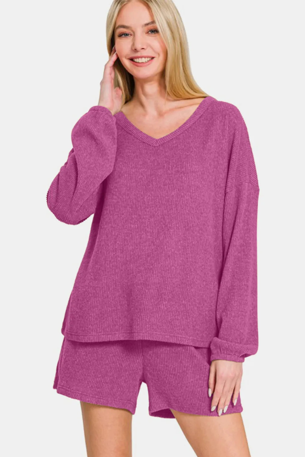 Zenana V-Neck Long Sleeve Ribbed Top and Shorts Set - Fashorio