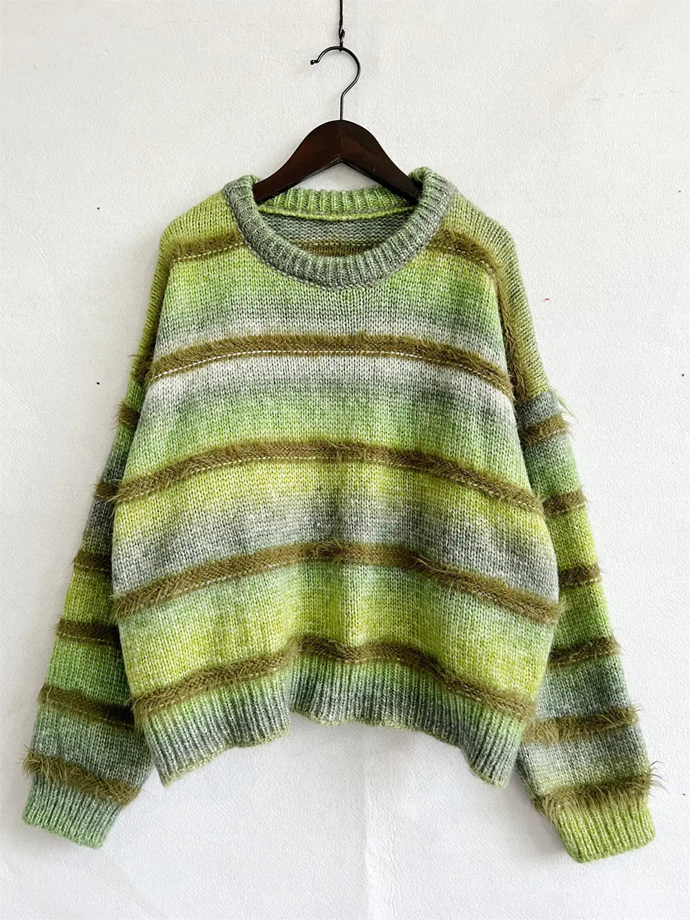 Striped Round Neck Long Sleeve Sweater - Fashorio
