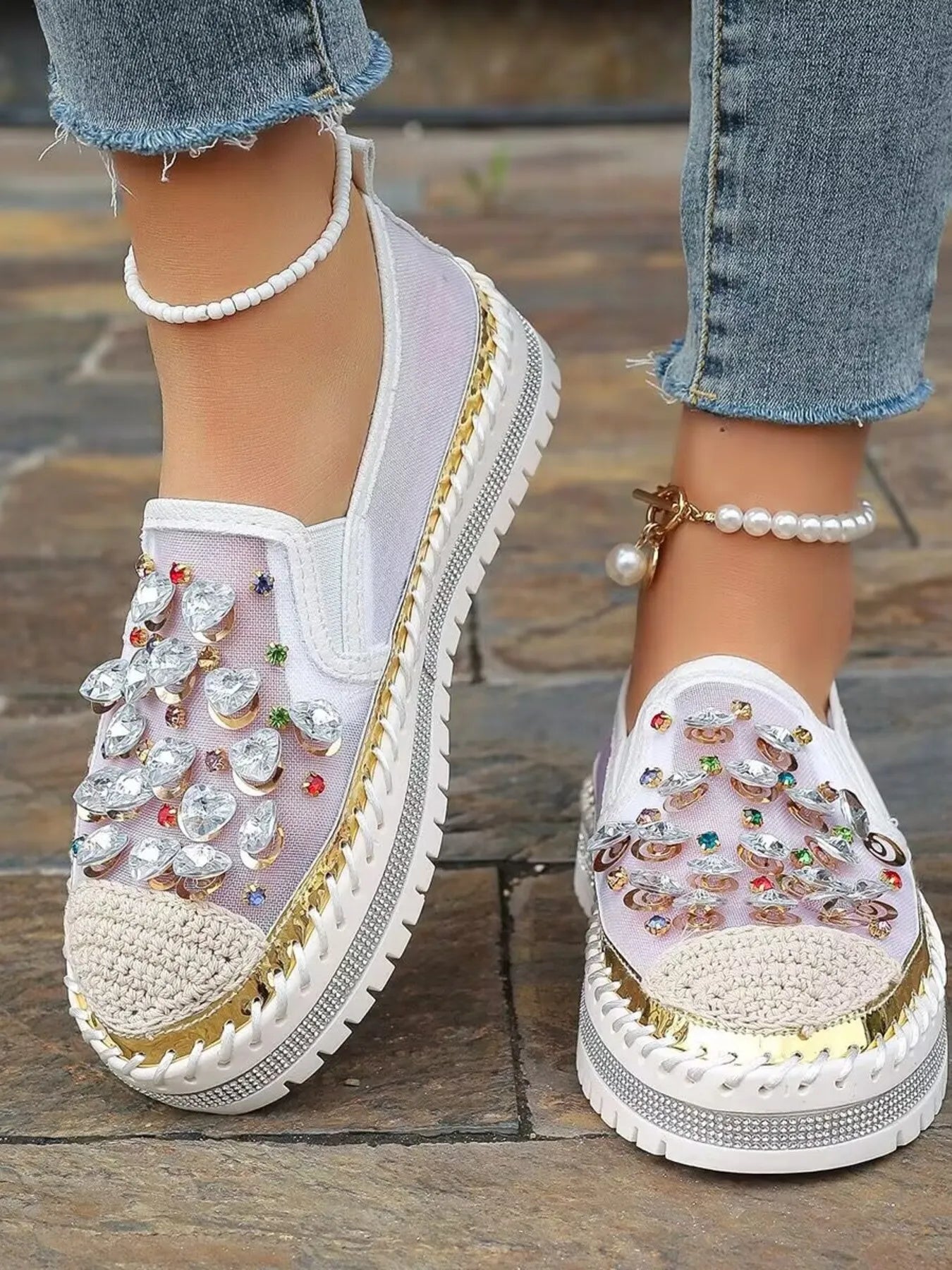 Rhinestone Round Toe Platform Loafers - Fashorio