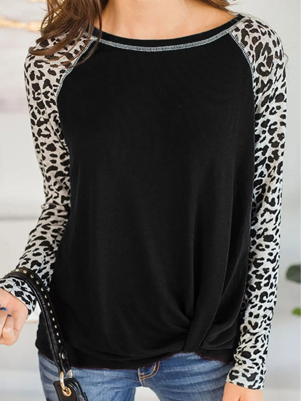 Leopard Print Raglan Sleeve Twist Hem T-Shirt Black - Fashorio