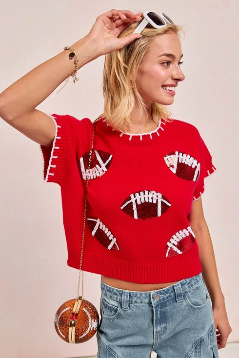 BiBi Gameday Sequin Football Embroidered Stitch Sweater - Fashorio