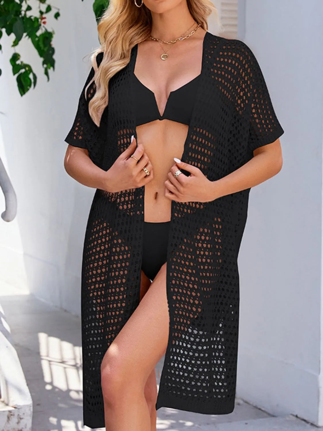 Open Front Tied Openwork Cover-Up Black One Size - Fashorio