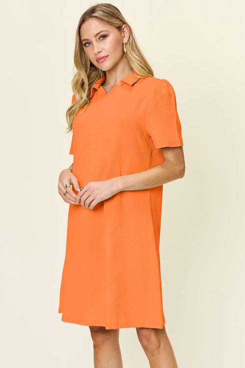 Double Take Full Size Texture Collared Neck Short Sleeve Dress - Fashorio