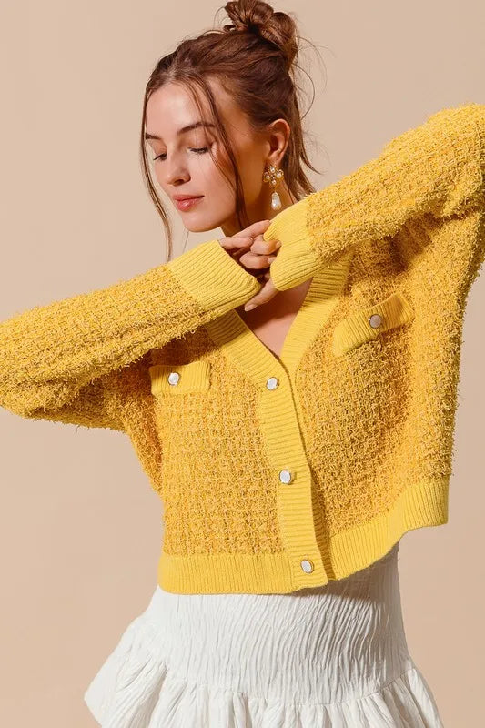SO ME Frayed Tweed Knit Buttoned Front Cardigan - Fashorio