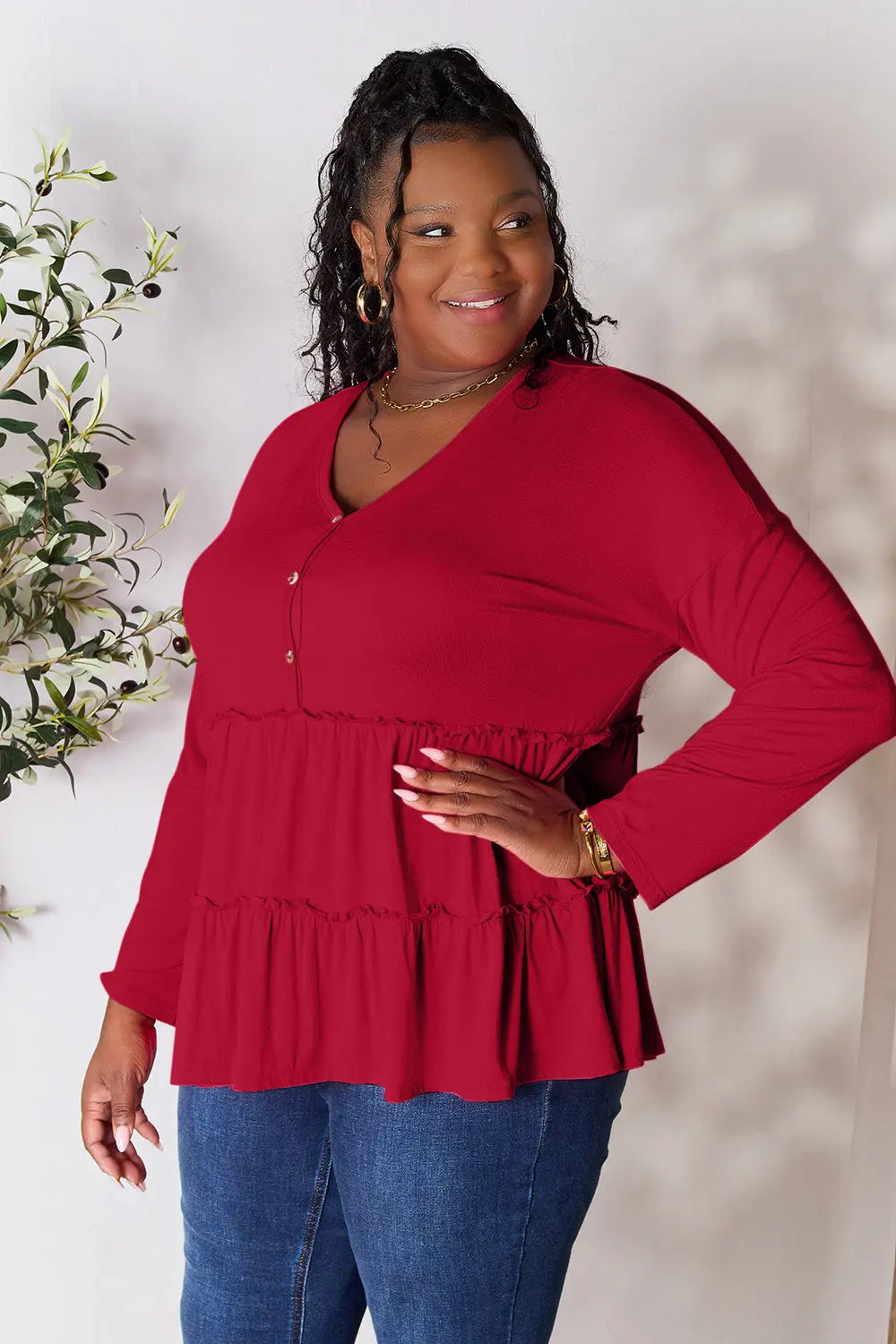 Double Take Half Button Long Sleeve Ruffle Hem Blouse - Fashorio
