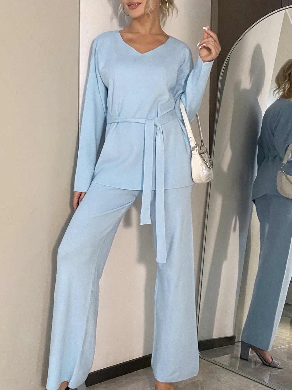V-Neck Long Sleeve Top and Drawstring Pants Sweater Set - Fashorio