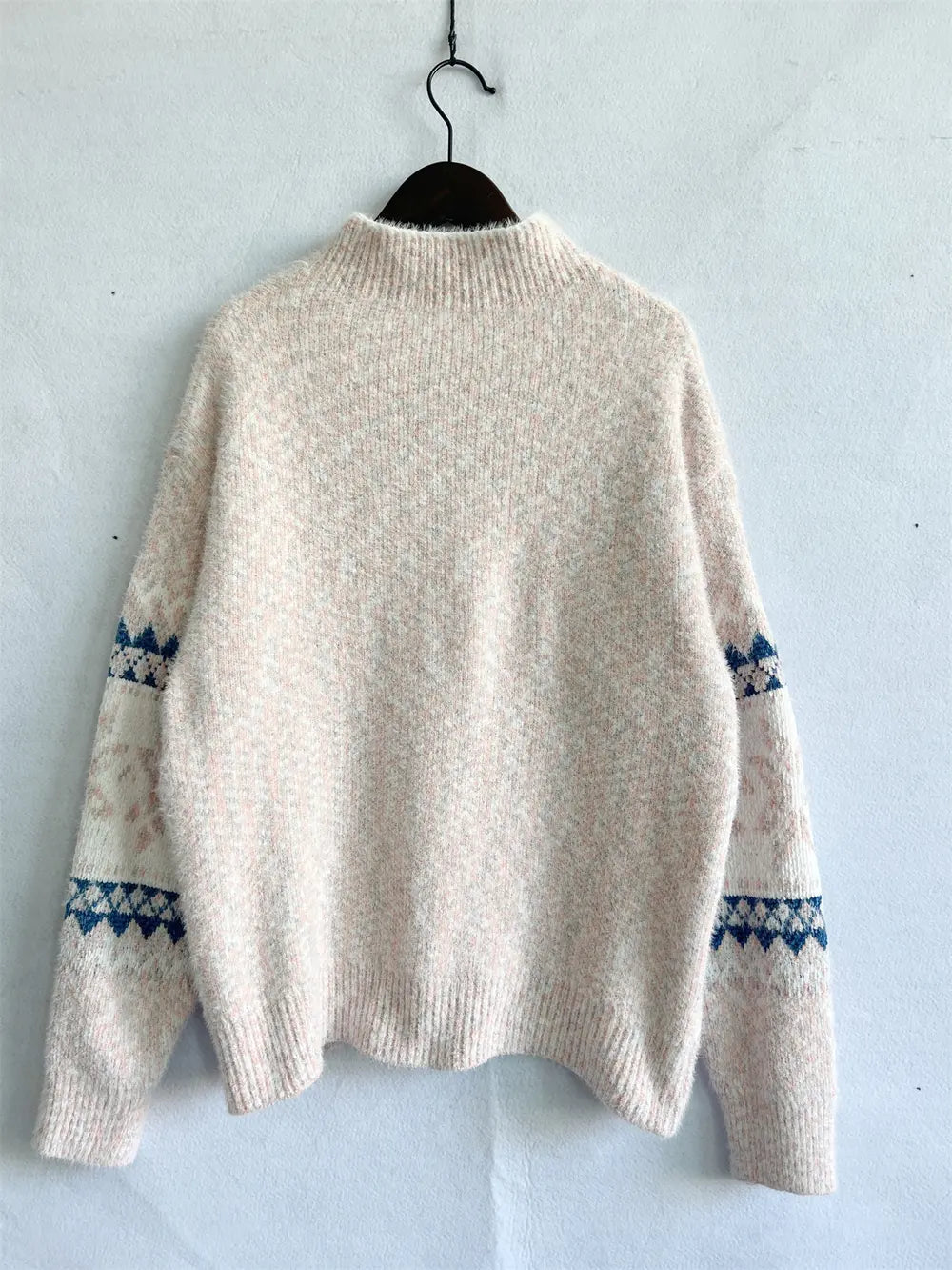 Geometric Mock Neck Dropped Shoulder Sweater - Fashorio