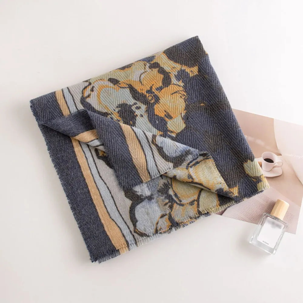 Printed Raw Hem Polyester Scarf Dark Blue One Size - Fashorio