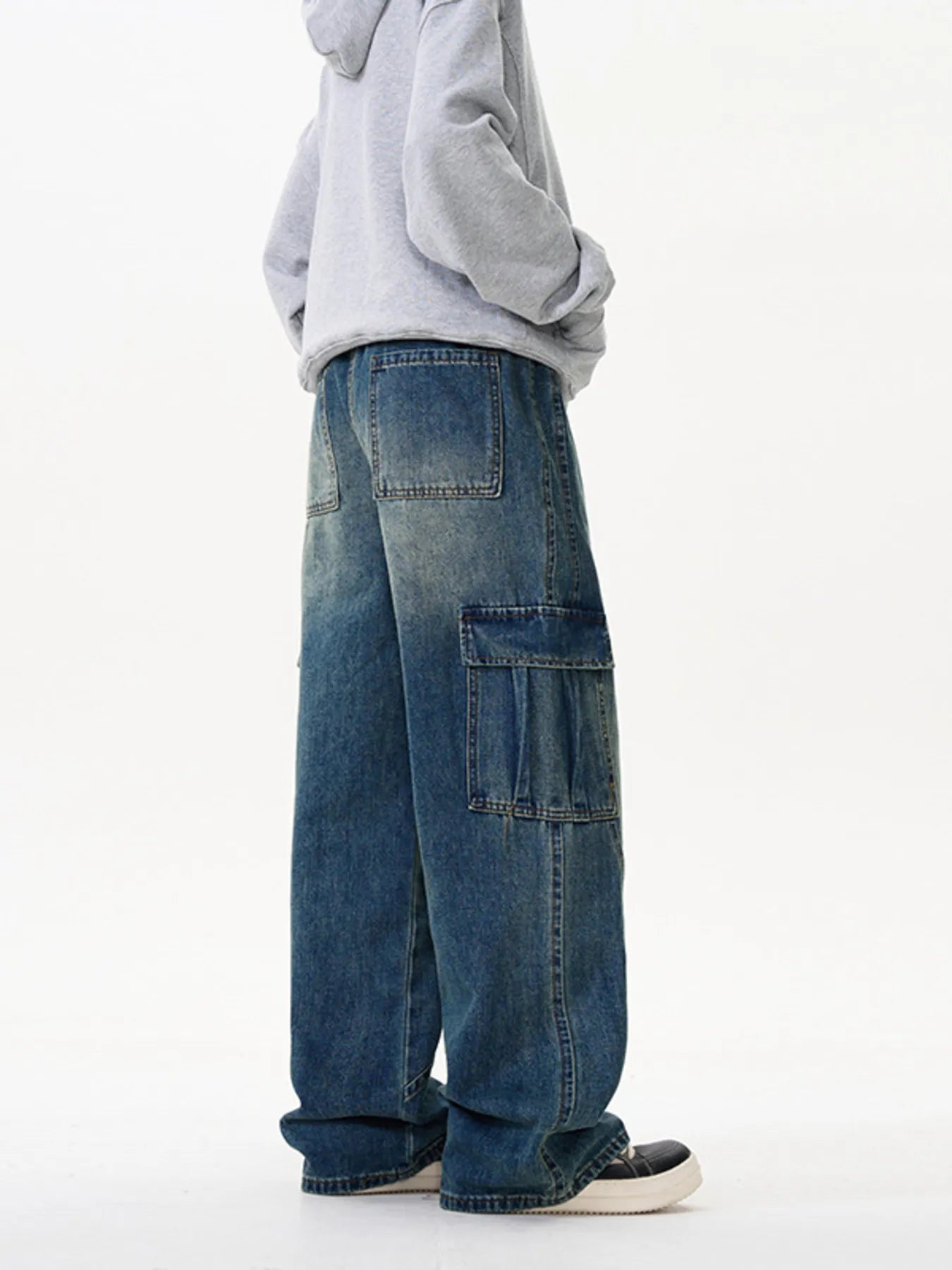 Men's Vintage Washed Wide Leg Cargo Jeans - Fashorio
