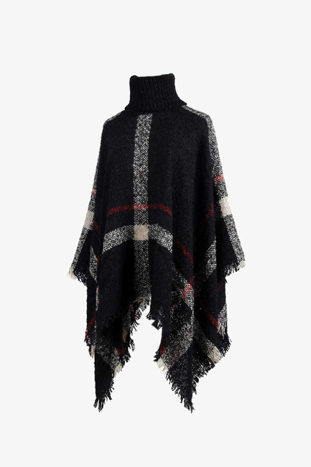 Plaid Turtleneck Raw Hem Poncho - Fashorio
