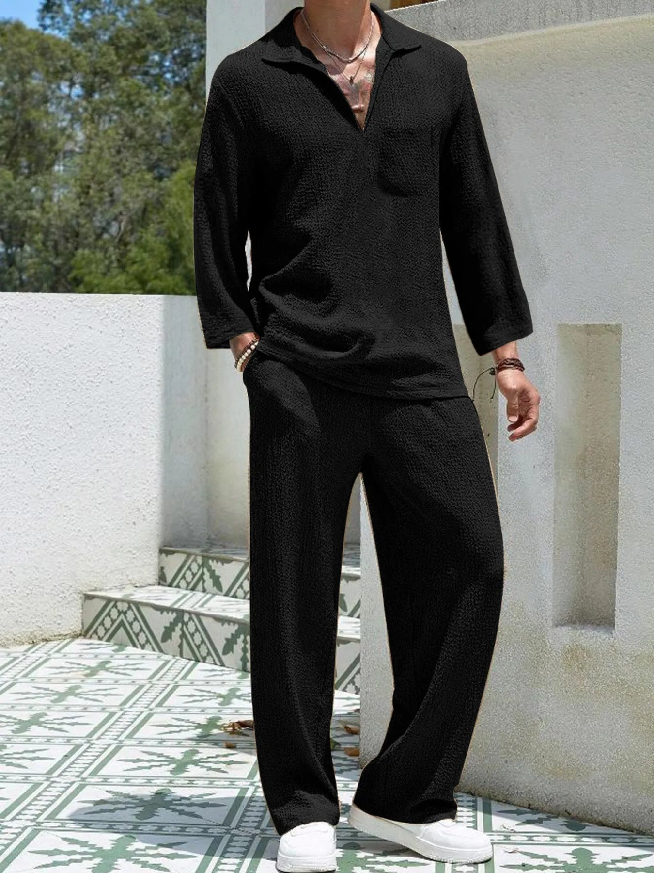 Men's Plus Size Long Sleeve Top and Pants Set Black - Fashorio