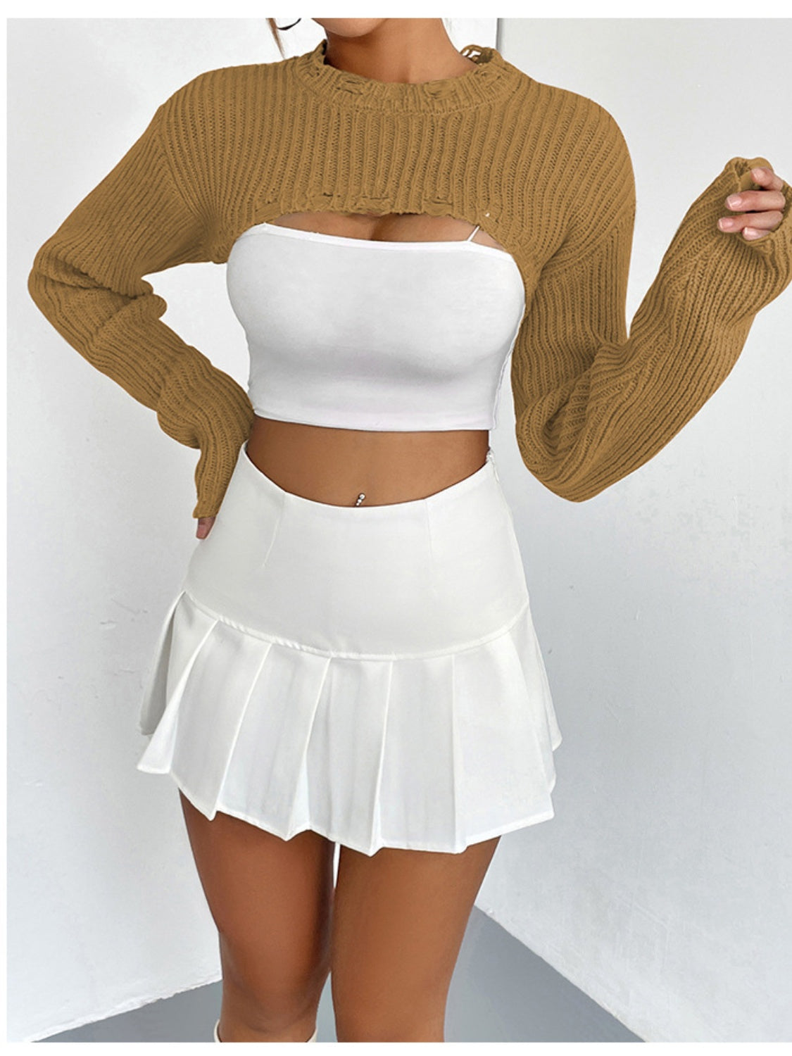 Distressed Long Sleeve Cropped Sweater Tan - Fashorio
