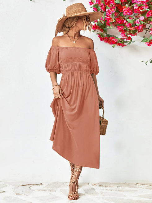 Off-Shoulder Balloon Sleeve Midi Dress - Fashorio