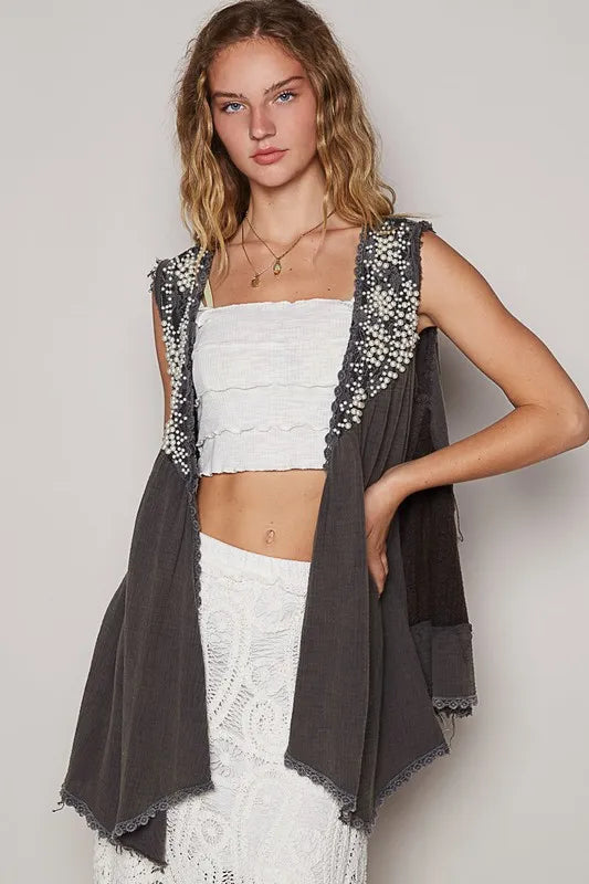 POL Embroidered Pearls Open Front Sleeveless Cardigan Charcoal - Fashorio