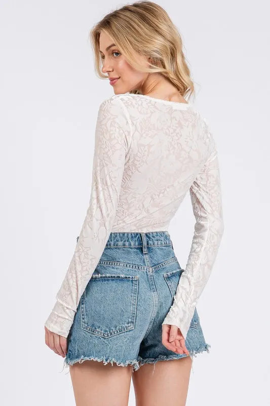 Ces Femme Velvet Floral Long Sleeve Bodysuit - Fashorio