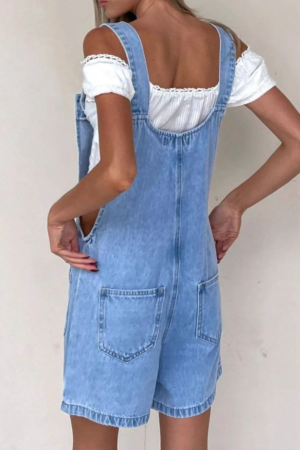 Button Front Denim Overall Shorts with Front Pockets - Fashorio