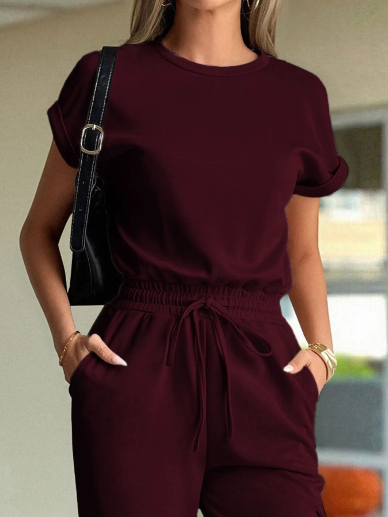 Round Neck Short Sleeve Top and Pants Set - Fashorio