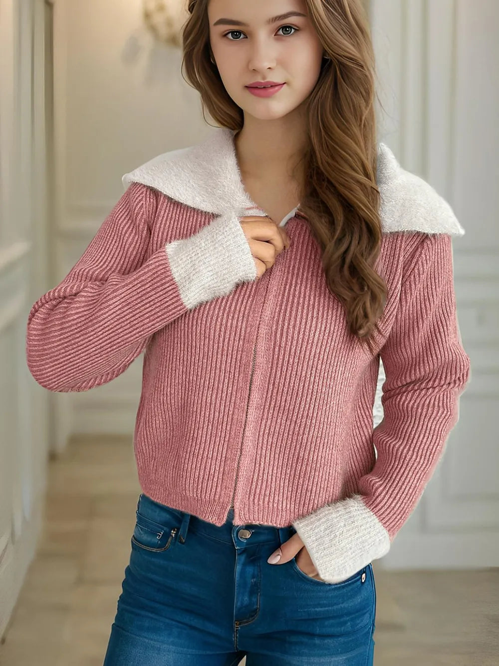 Zip Up Collared Neck Long Sleeve Cardigan - Fashorio