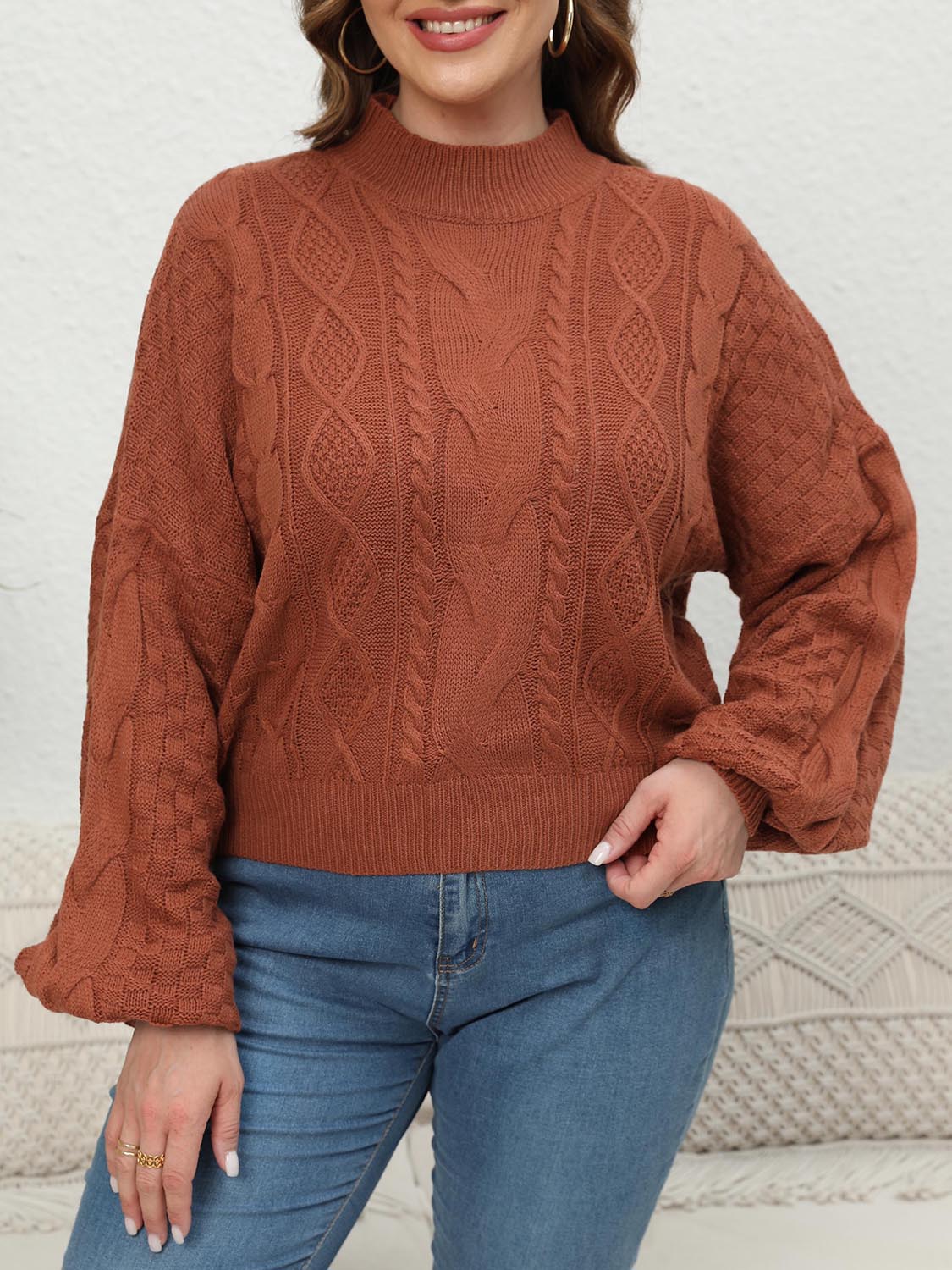 Plus Size Mock Neck Cable Knit Long Sleeve Sweater - Fashorio