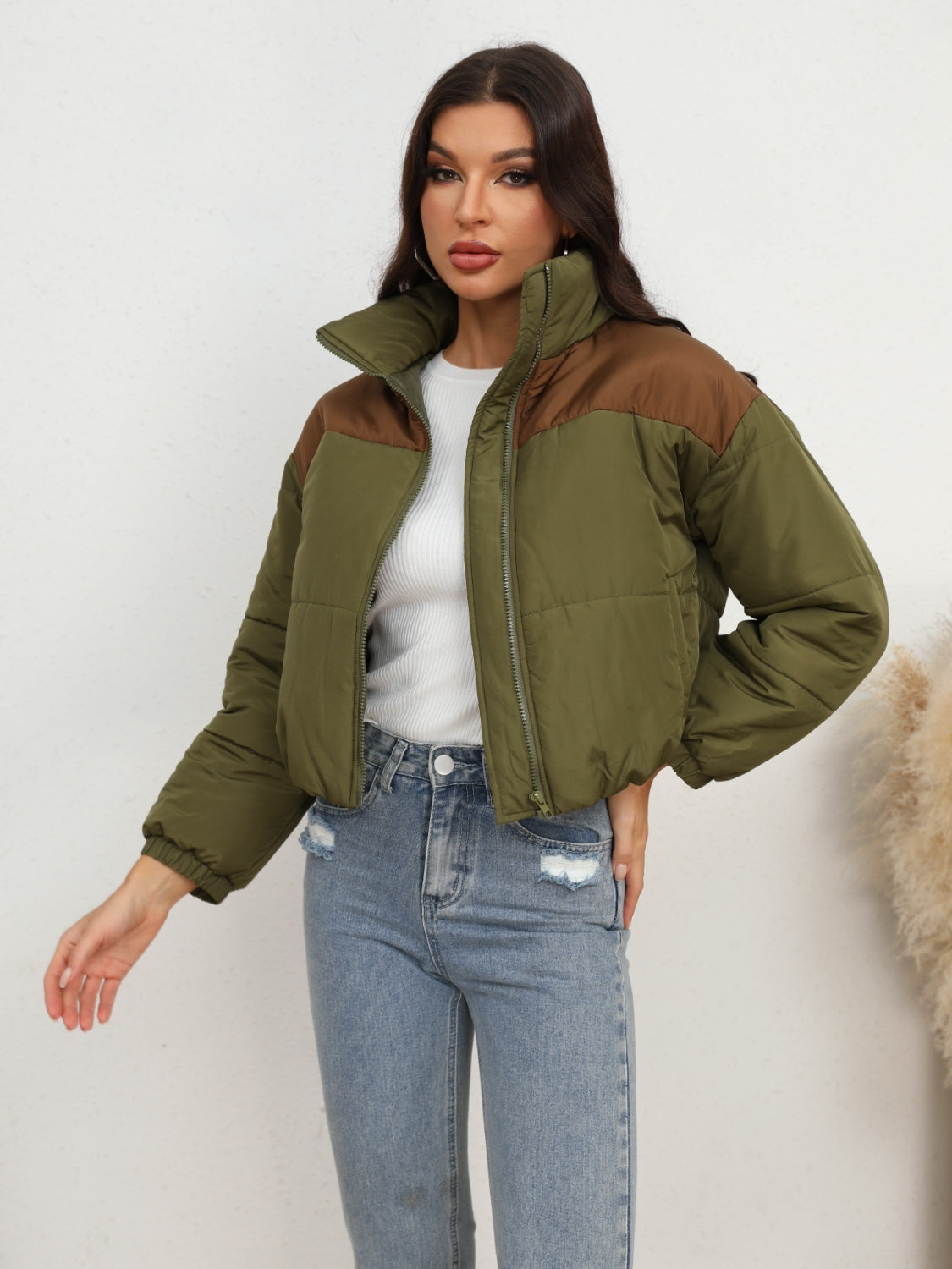 Two-Tone Zip-Up Puffer Jacket - Fashorio